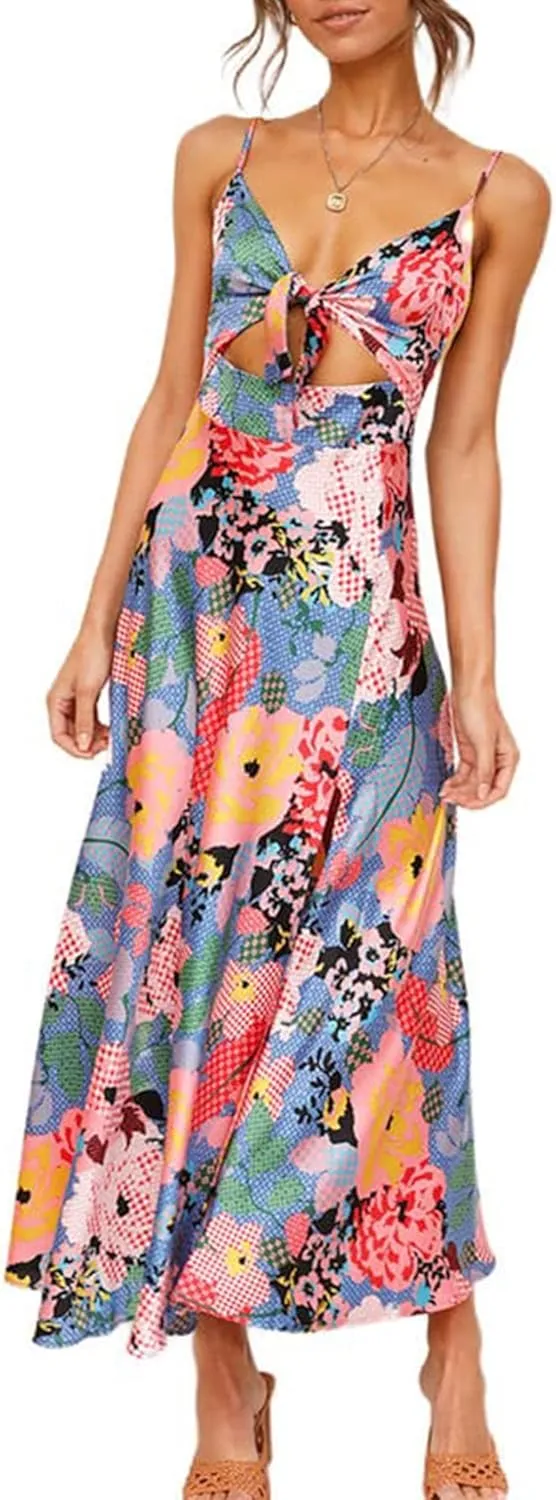 Fashionme Women Spaghetti Strap Midi Satin Dresses Tie Front Backless Split Hollow Dress