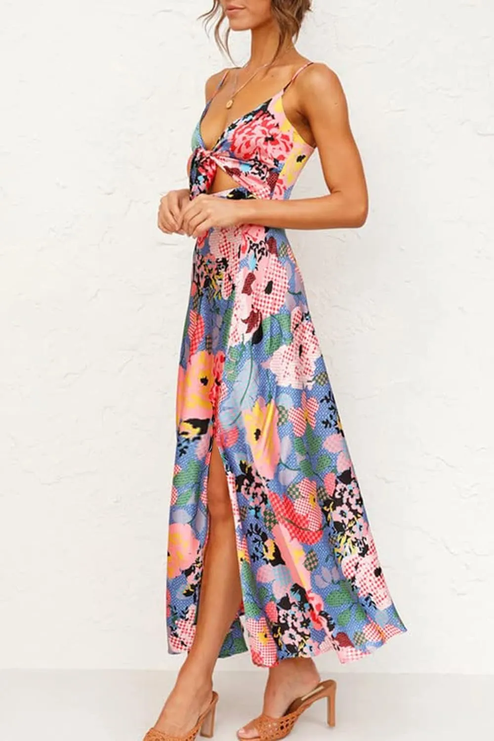 Fashionme Women Spaghetti Strap Midi Satin Dresses Tie Front Backless Split Hollow Dress