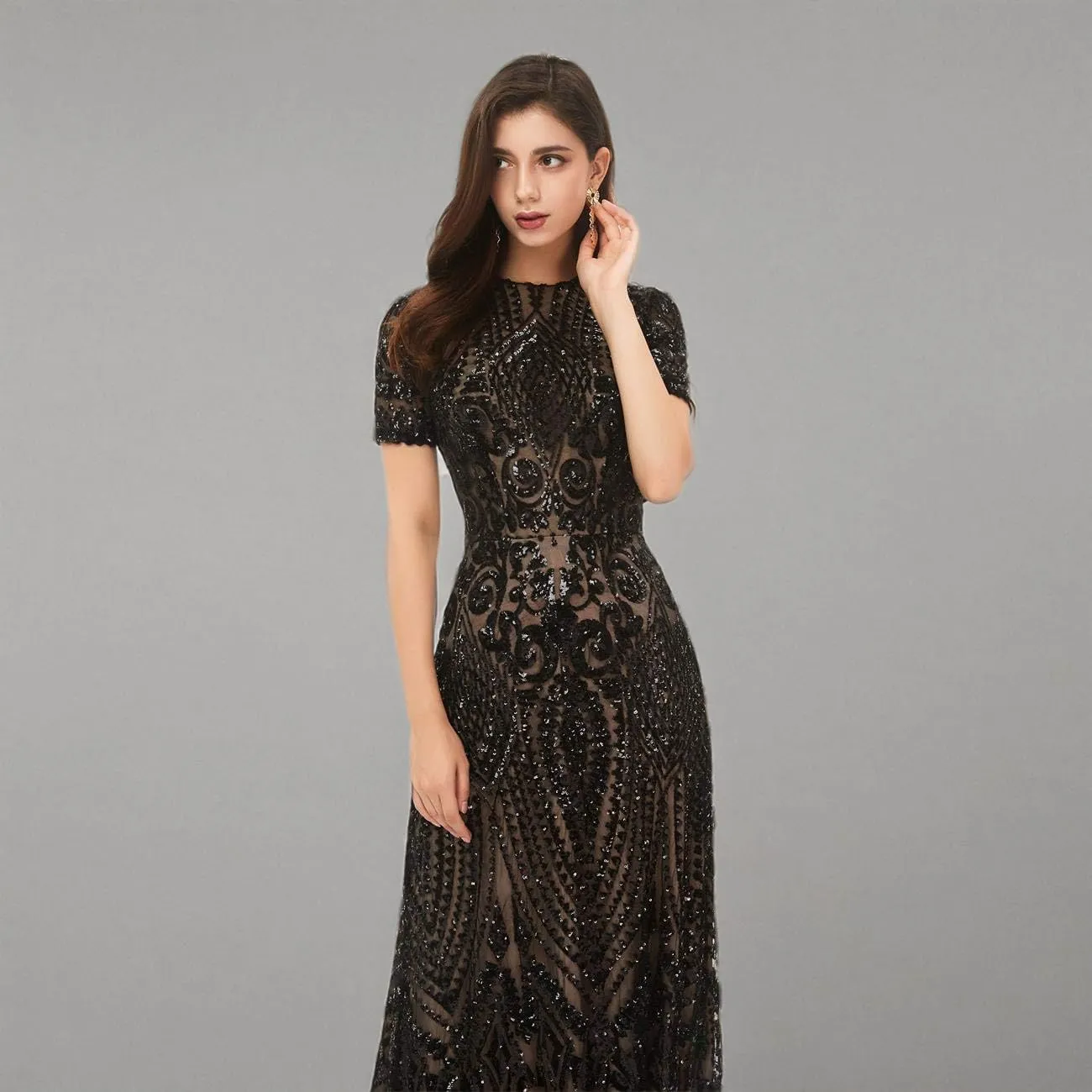 FCOMES Women's Short Sleeves Sequins Mermaid Evening Dress Formal Party Prom Gowns