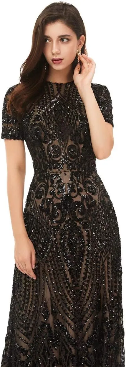 FCOMES Women's Short Sleeves Sequins Mermaid Evening Dress Formal Party Prom Gowns