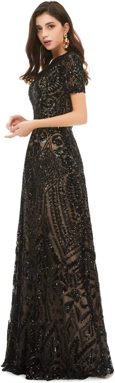 FCOMES Women's Short Sleeves Sequins Mermaid Evening Dress Formal Party Prom Gowns