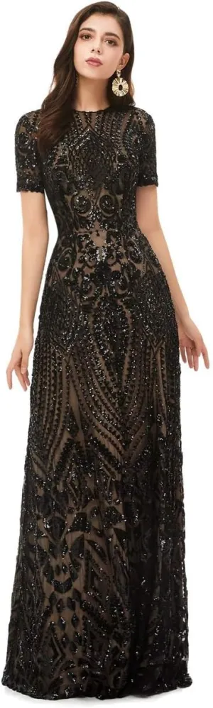 FCOMES Women's Short Sleeves Sequins Mermaid Evening Dress Formal Party Prom Gowns