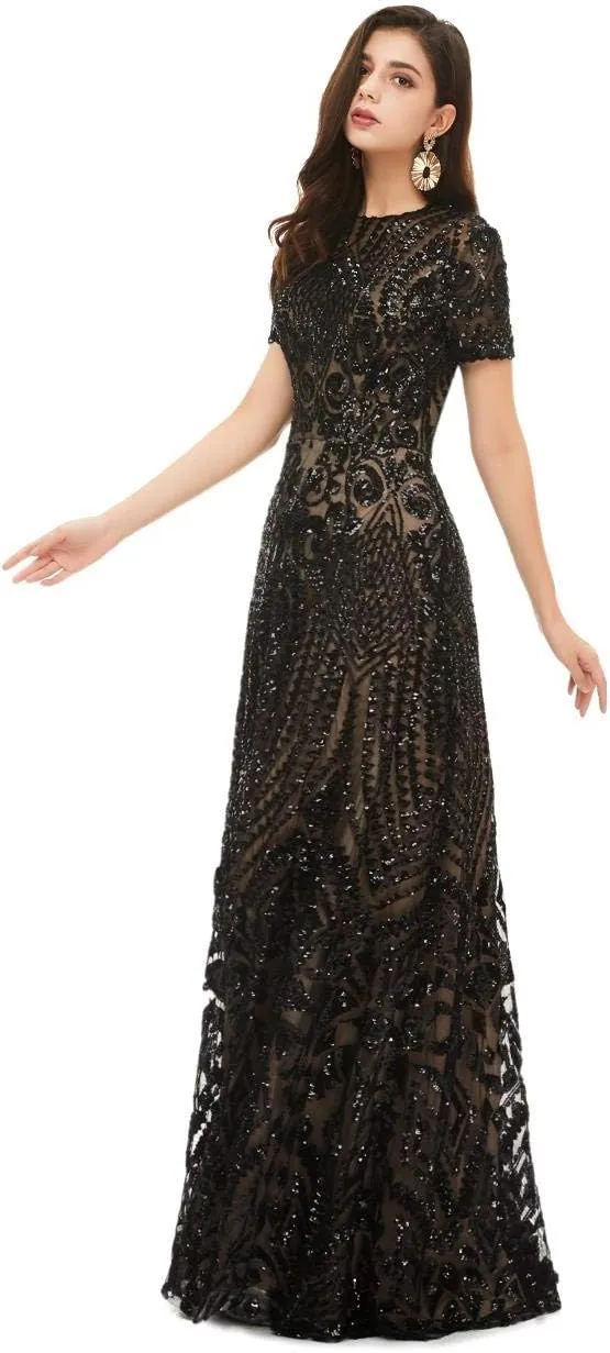 FCOMES Women's Short Sleeves Sequins Mermaid Evening Dress Formal Party Prom Gowns