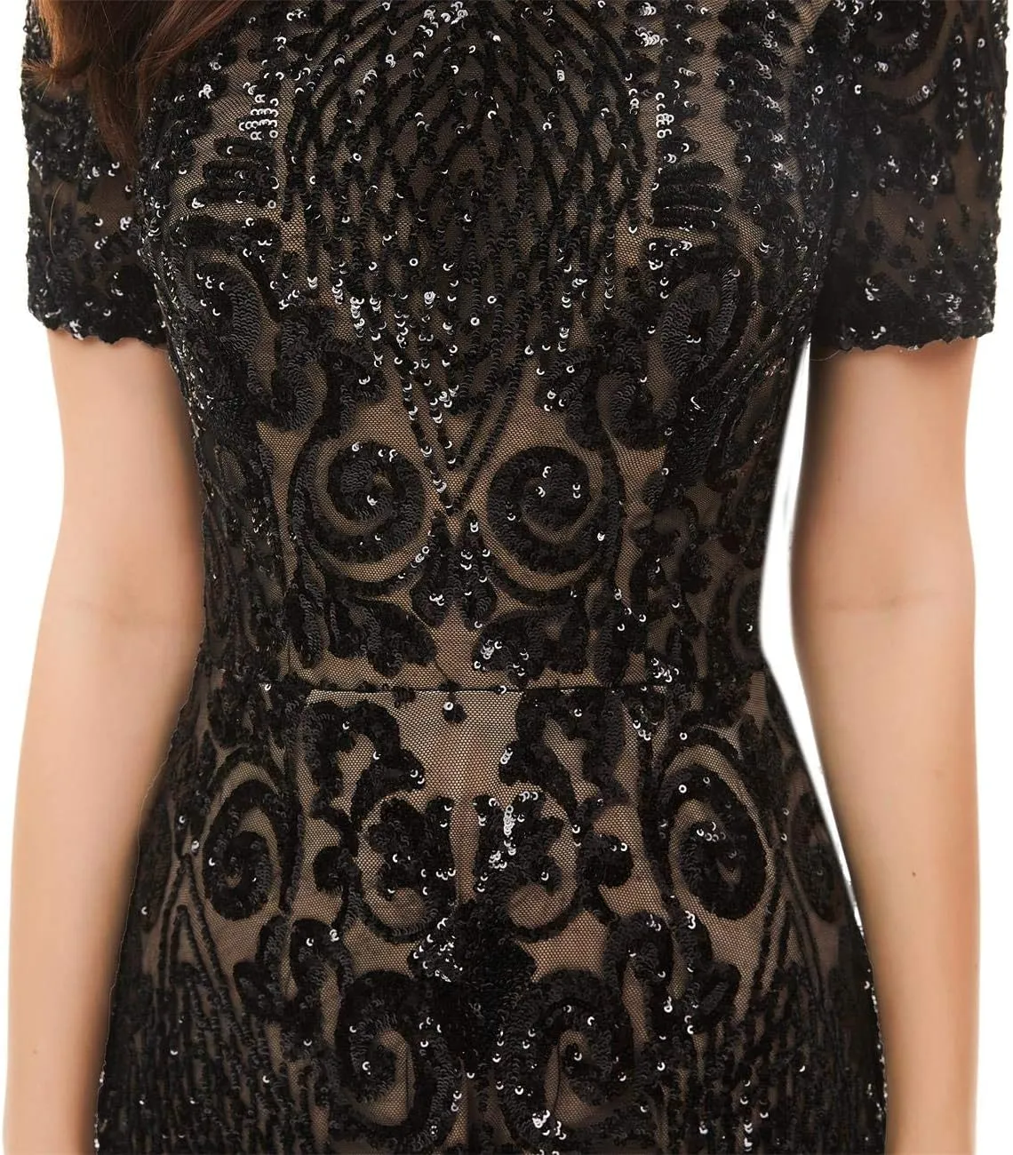 FCOMES Women's Short Sleeves Sequins Mermaid Evening Dress Formal Party Prom Gowns