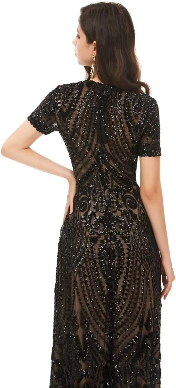 FCOMES Women's Short Sleeves Sequins Mermaid Evening Dress Formal Party Prom Gowns
