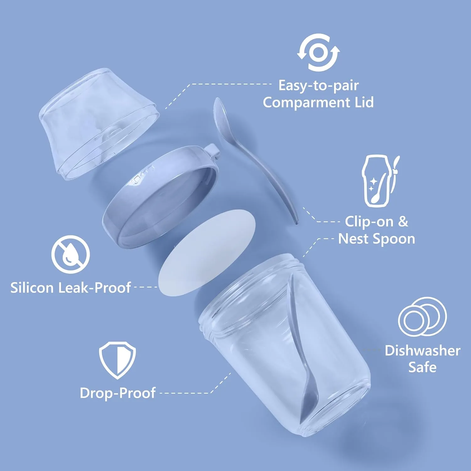 Felli On the Go Yogurt Parfait Snack Cup with Lid 100% Leak Proof, Reusable Travel Container with Spoon   Fruit & Granola Holder for To Go Cereal, Overnight Oats, Chia Pudding Jar (2, Blue Moon)