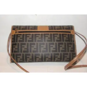 Fendi Clutch Zucca Print Two Way Style Cross Bodyshoulder Purse Or Brown Large F Logo Coated Canvas
