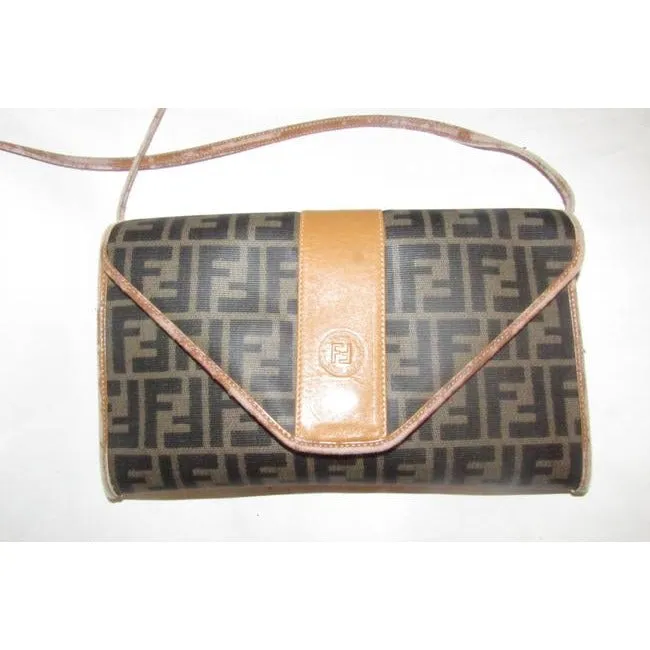 Fendi Clutch Zucca Print Two Way Style Cross Bodyshoulder Purse Or Brown Large F Logo Coated Canvas