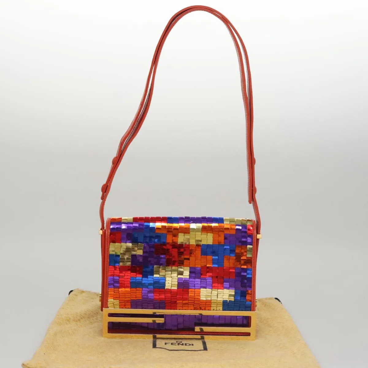FENDI Sequin Shoulder Bag Leather Multicolor Red gold 108668