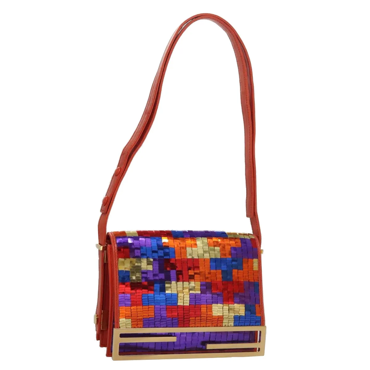 FENDI Sequin Shoulder Bag Leather Multicolor Red gold 108668