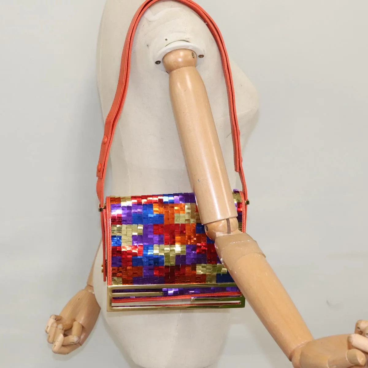 FENDI Sequin Shoulder Bag Leather Multicolor Red gold 108668