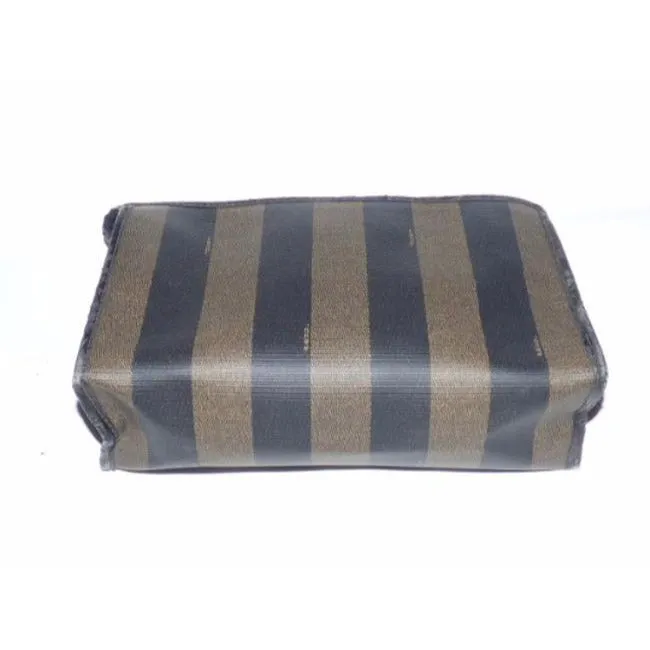 Fendi Vintage Pequin Stripe Print Coated Canvas & Dark Brown Leather Clutch