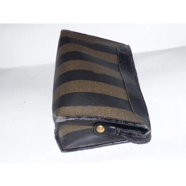Fendi Vintage Pequin Stripe Print Coated Canvas & Dark Brown Leather Clutch