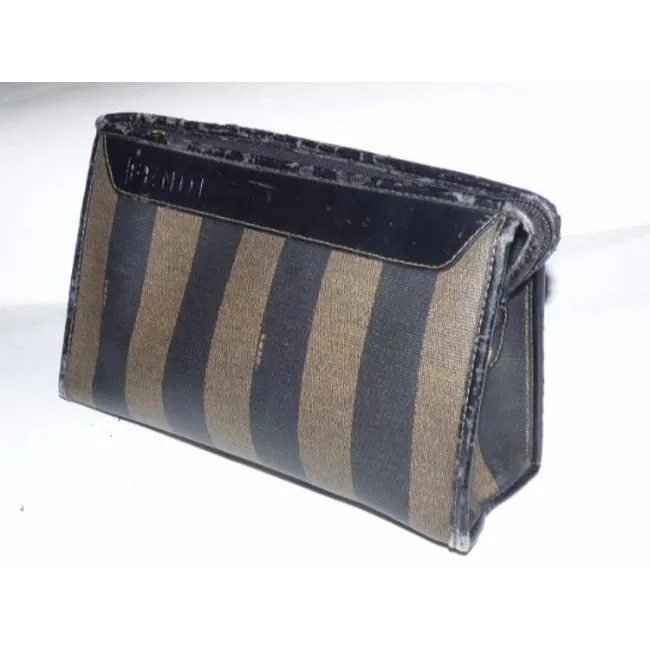 Fendi Vintage Pequin Stripe Print Coated Canvas & Dark Brown Leather Clutch