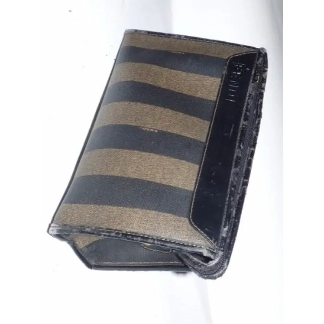 Fendi Vintage Pequin Stripe Print Coated Canvas & Dark Brown Leather Clutch