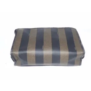 Fendi Vintage Pequin Stripe Print Coated Canvas & Dark Brown Leather Clutch