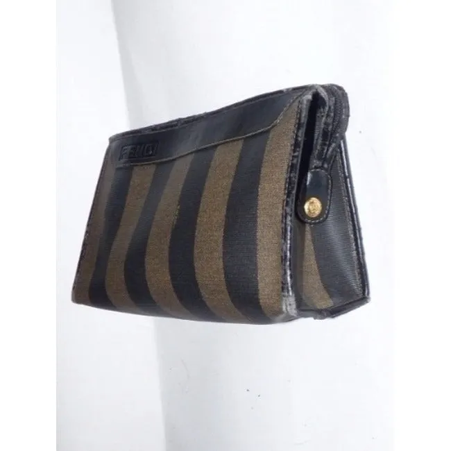 Fendi Vintage Pequin Stripe Print Coated Canvas & Dark Brown Leather Clutch