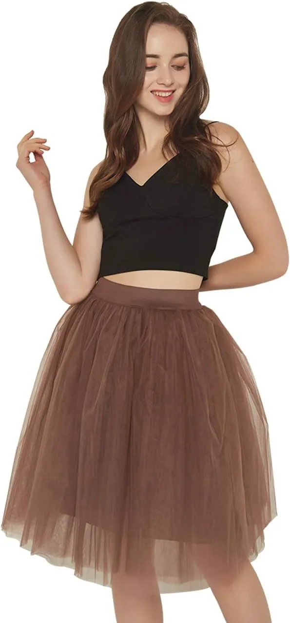FEOYA Women Tutu Skirts 5 Layered Knee Length Tulle Skirt A-line Pleated Princess Skirts Evening Gown Prom Wedding Skirt