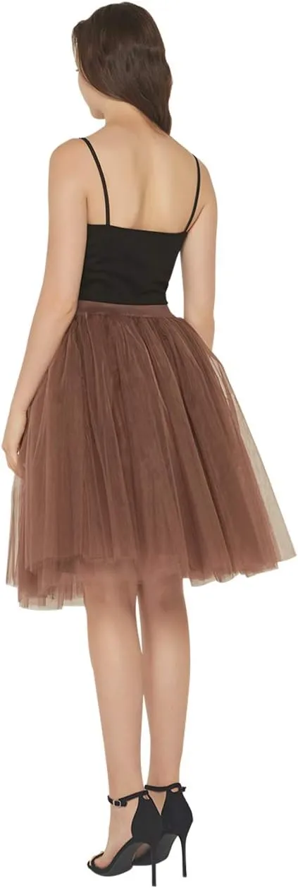 FEOYA Women Tutu Skirts 5 Layered Knee Length Tulle Skirt A-line Pleated Princess Skirts Evening Gown Prom Wedding Skirt