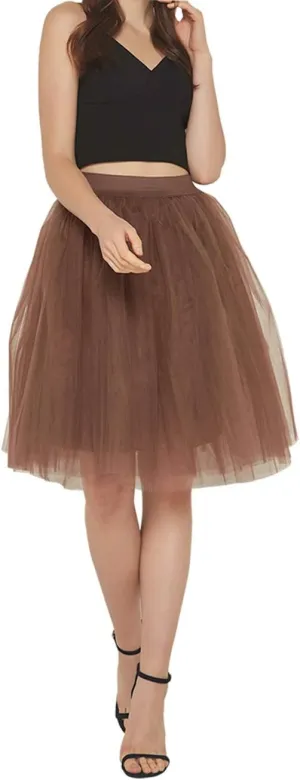 FEOYA Women Tutu Skirts 5 Layered Knee Length Tulle Skirt A-line Pleated Princess Skirts Evening Gown Prom Wedding Skirt