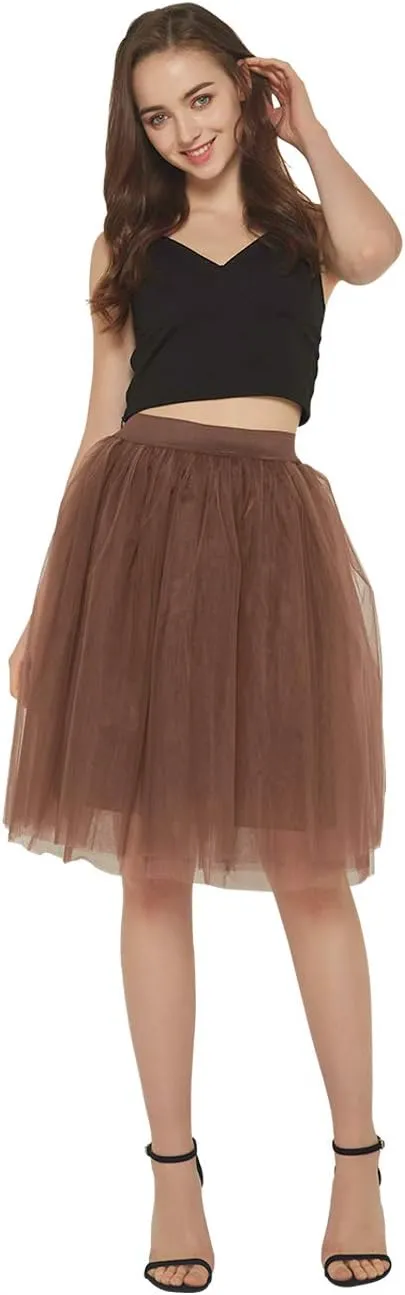 FEOYA Women Tutu Skirts 5 Layered Knee Length Tulle Skirt A-line Pleated Princess Skirts Evening Gown Prom Wedding Skirt