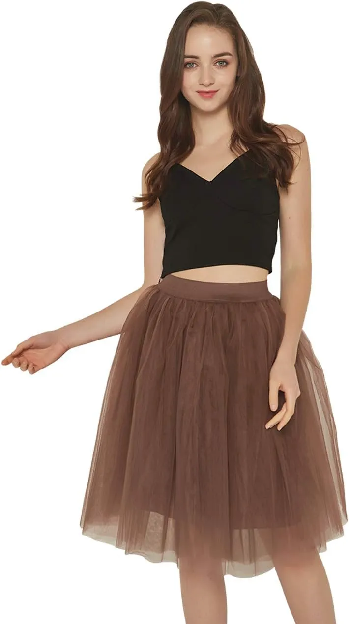 FEOYA Women Tutu Skirts 5 Layered Knee Length Tulle Skirt A-line Pleated Princess Skirts Evening Gown Prom Wedding Skirt
