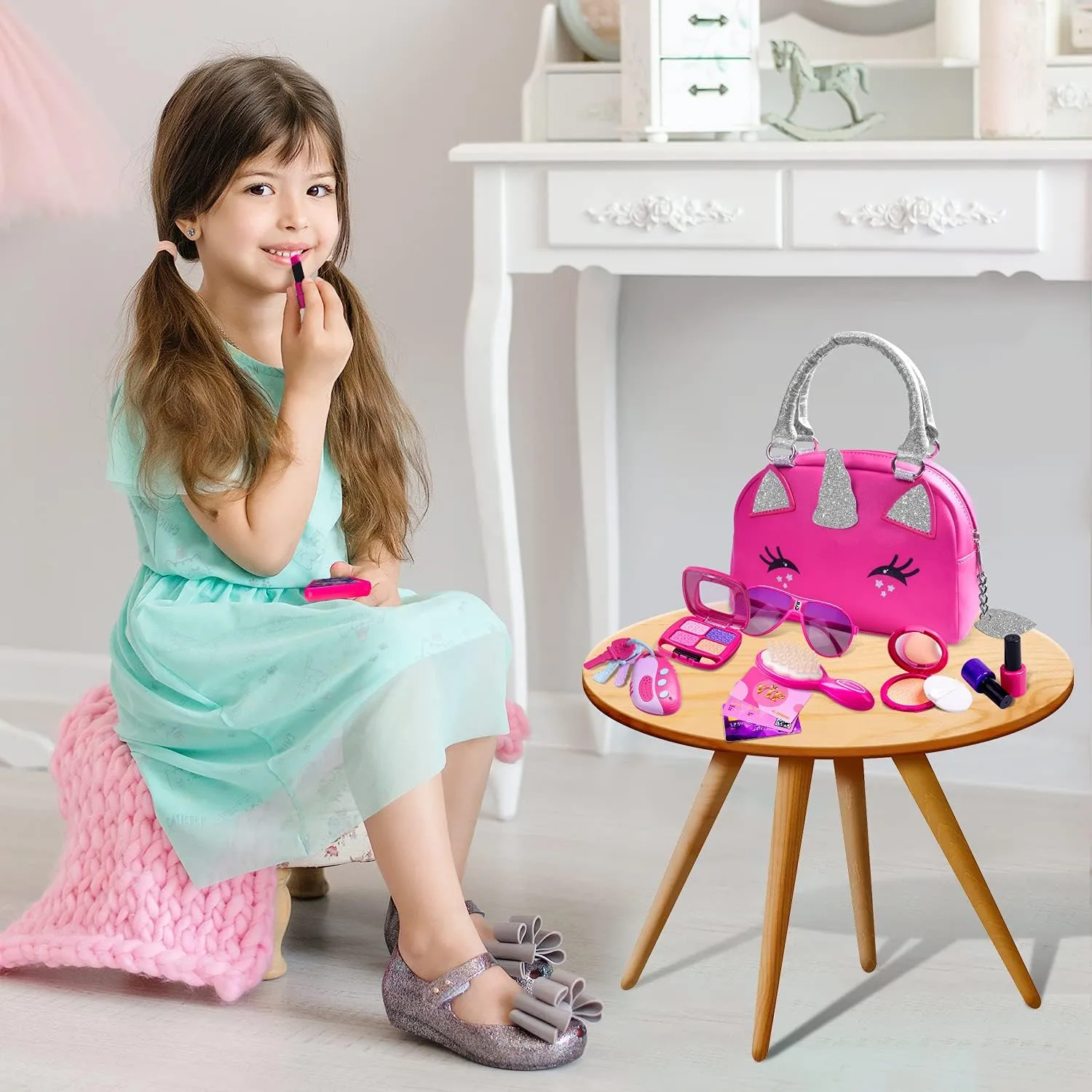 FFTROC Unicorns Pretend Play Toddler Girl Purse with Makeup Toys Set, Little Girls Purse Toys for 3 4 5 6 7 Year Old Girl Gifts, Kids Purse for Christmas, Birthday Gifts for Ages 3-5 4-5 6-8