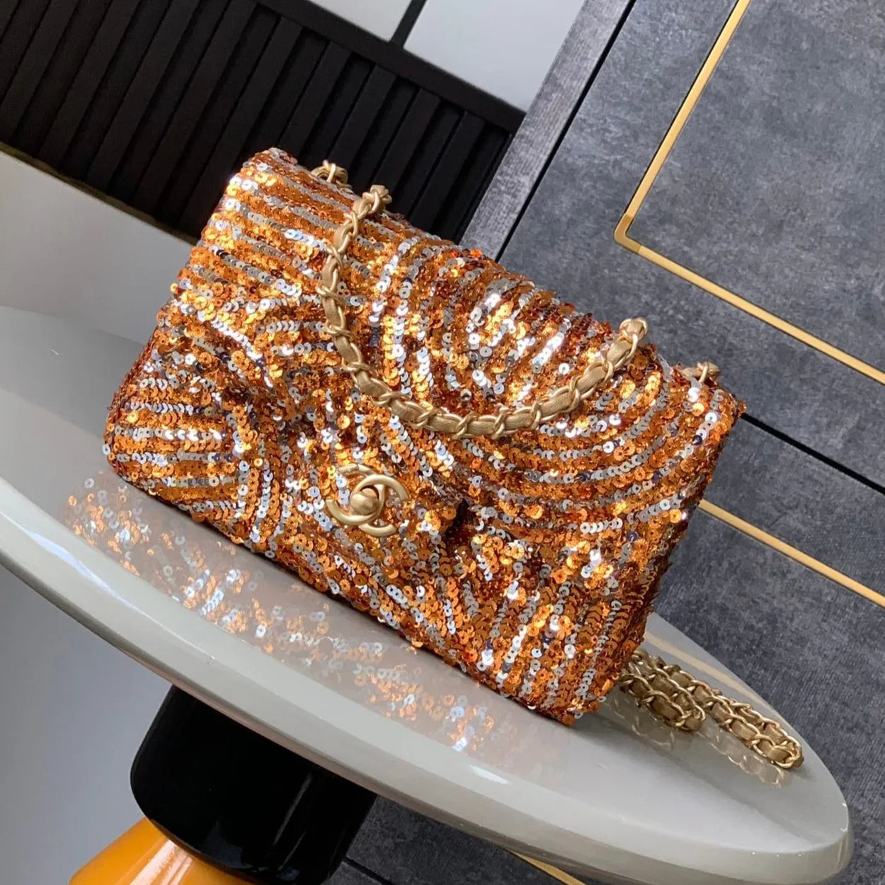 Flap Bag Mini 20cm Beige Calfskin Gold Bronze Sequin