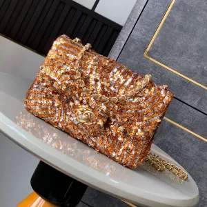 Flap Bag Mini 20cm Beige Calfskin Gold Bronze Sequin
