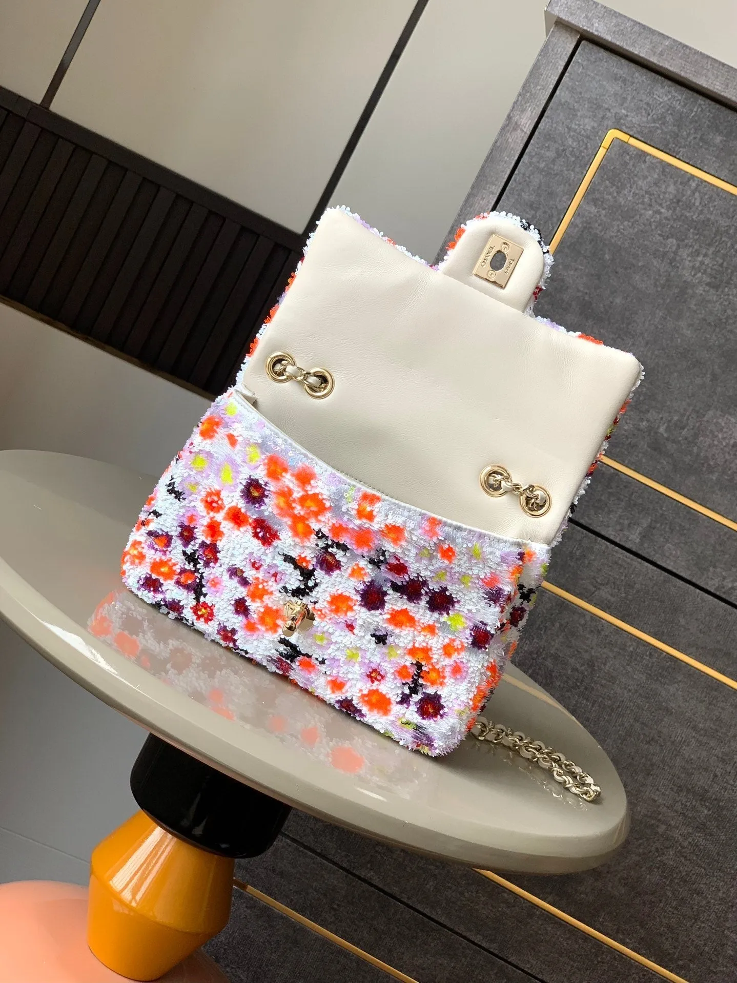 Flap Bag Mini 20cm White Orange Sequin