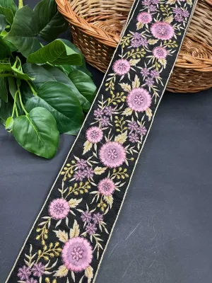 Floral Embroidered Trim | Sari Border Embellishment | Decorative Indian Embroidered Trim – 9 Meters, 3-Inch Width | Purple