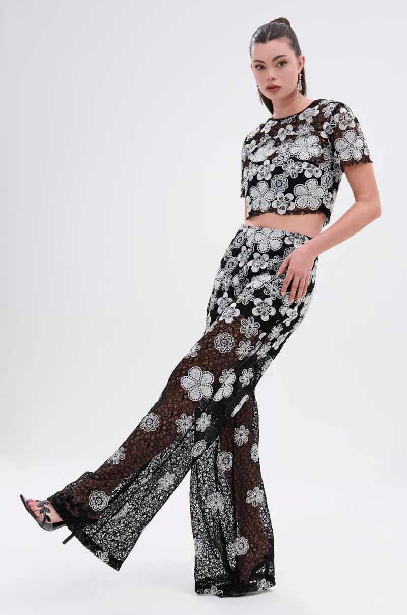 FLORAL SEQUIN MESH SHORT SLEEVE BLOUSE