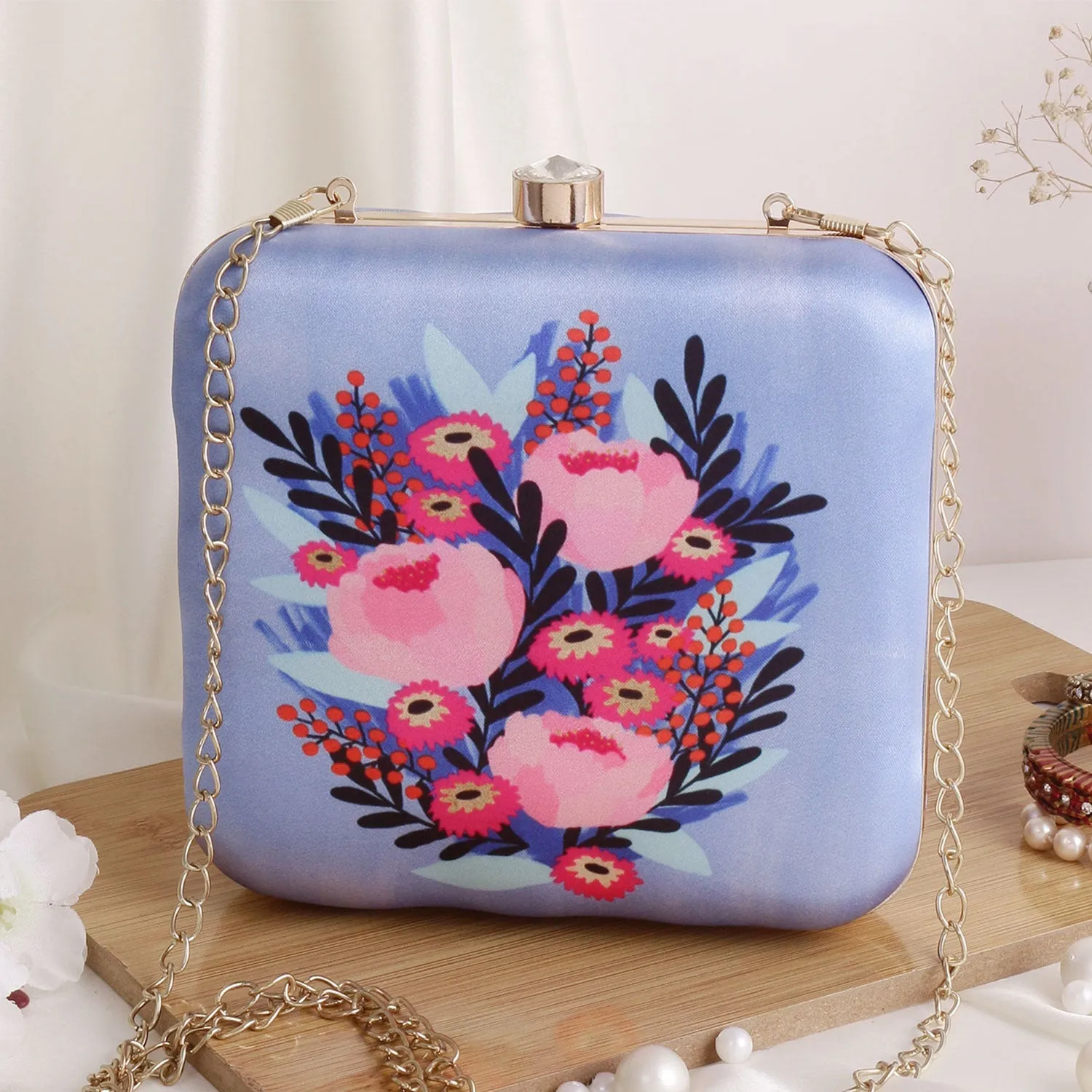 Flower printed sqaure satin clutch