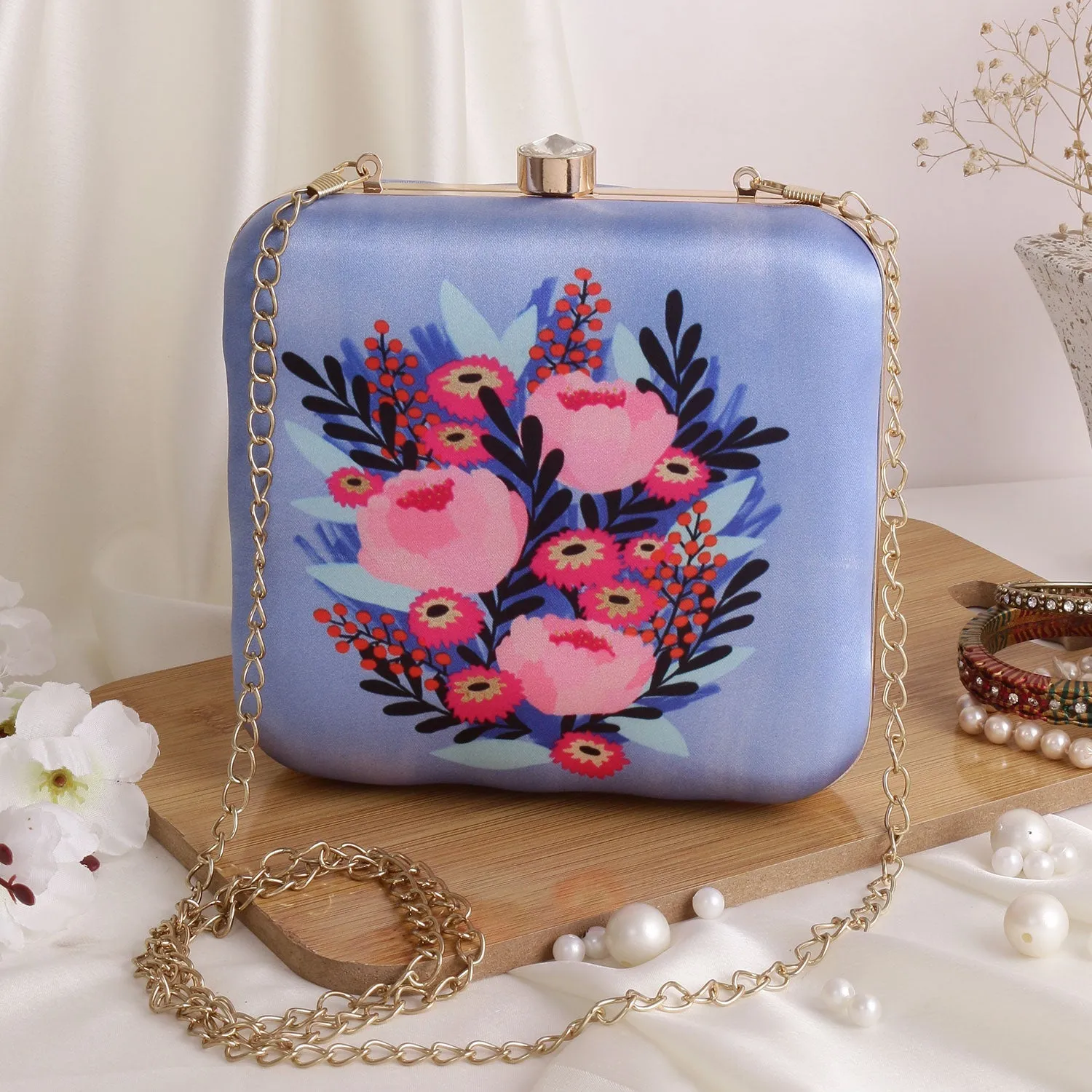 Flower printed sqaure satin clutch