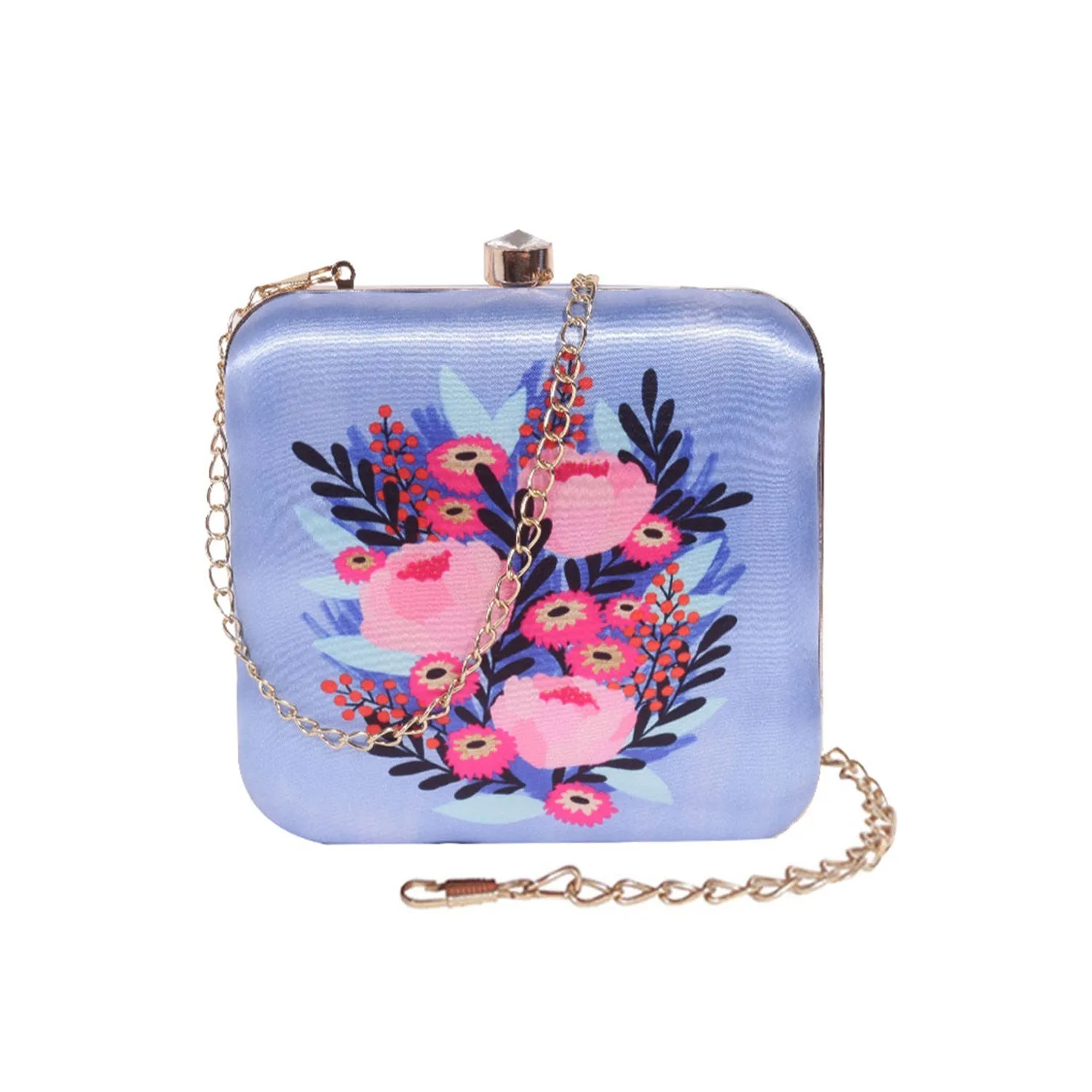 Flower printed sqaure satin clutch