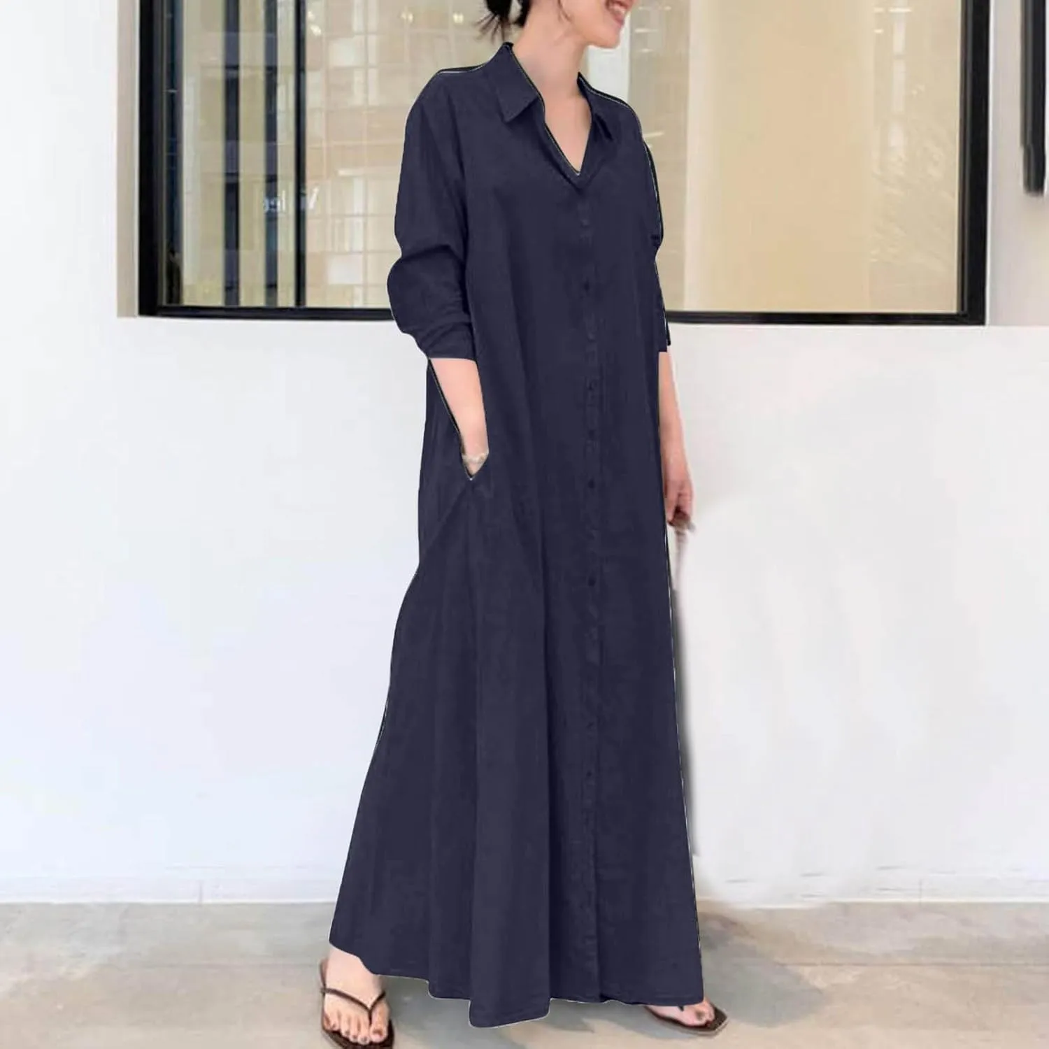 Flowy Dresses for Women Plus Size Maxi V Neck Solid Cotton Linen Button Down Dress Causal Solid Oversized Linen Dress