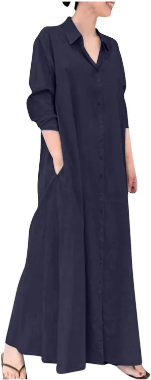 Flowy Dresses for Women Plus Size Maxi V Neck Solid Cotton Linen Button Down Dress Causal Solid Oversized Linen Dress