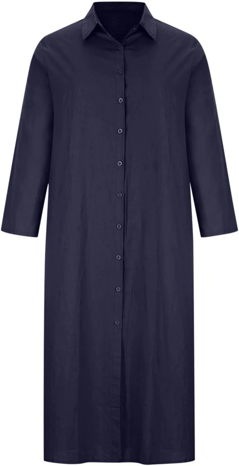 Flowy Dresses for Women Plus Size Maxi V Neck Solid Cotton Linen Button Down Dress Causal Solid Oversized Linen Dress