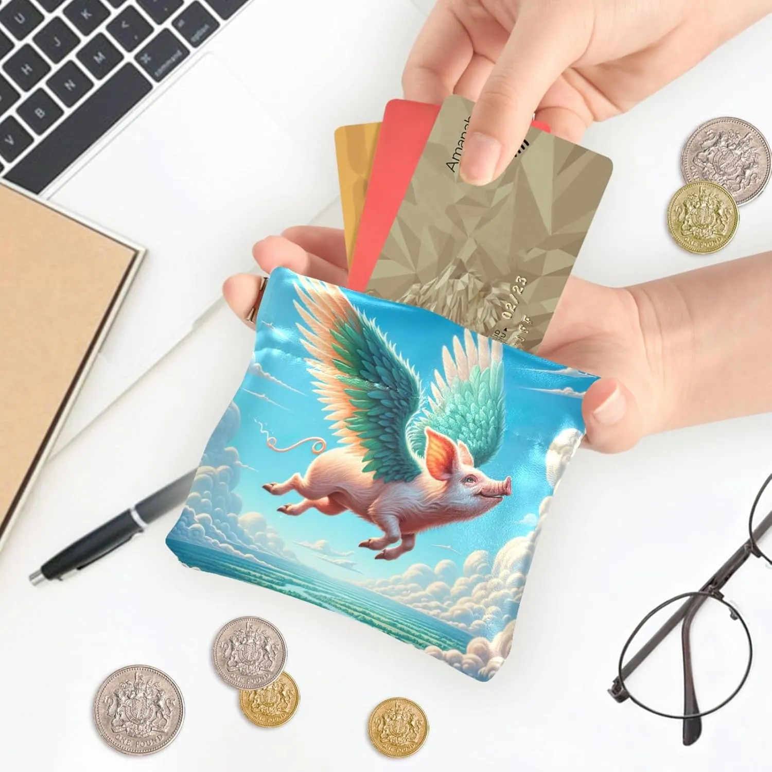 Flying Pig Funny Custom Women's Cute Coin Purse Leather Cute Squeeze Girls Small Change Purse