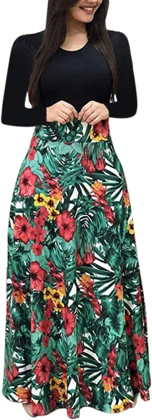 FQZWONG Women's Summer Casual Maxi Dress Blue Size Large High Waisted Flowy Prom Party Dress