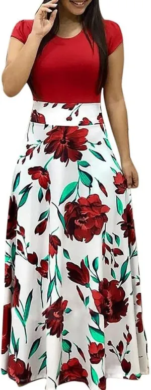 FQZWONG Women's Summer Casual Maxi Dress Blue Size Large High Waisted Flowy Prom Party Dress