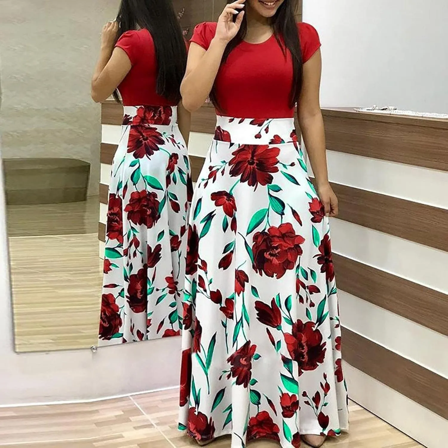 FQZWONG Women's Summer Casual Maxi Dress Blue Size Large High Waisted Flowy Prom Party Dress