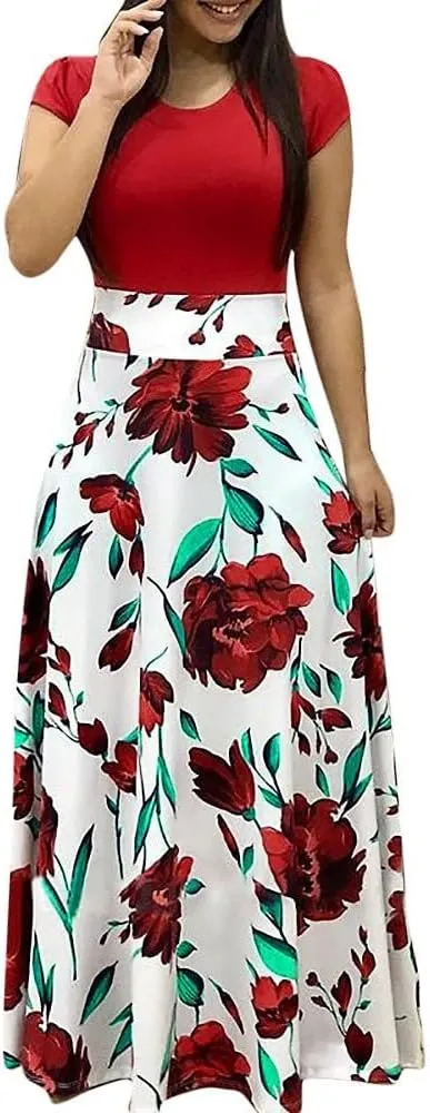 FQZWONG Women's Summer Casual Maxi Dress Blue Size Large High Waisted Flowy Prom Party Dress