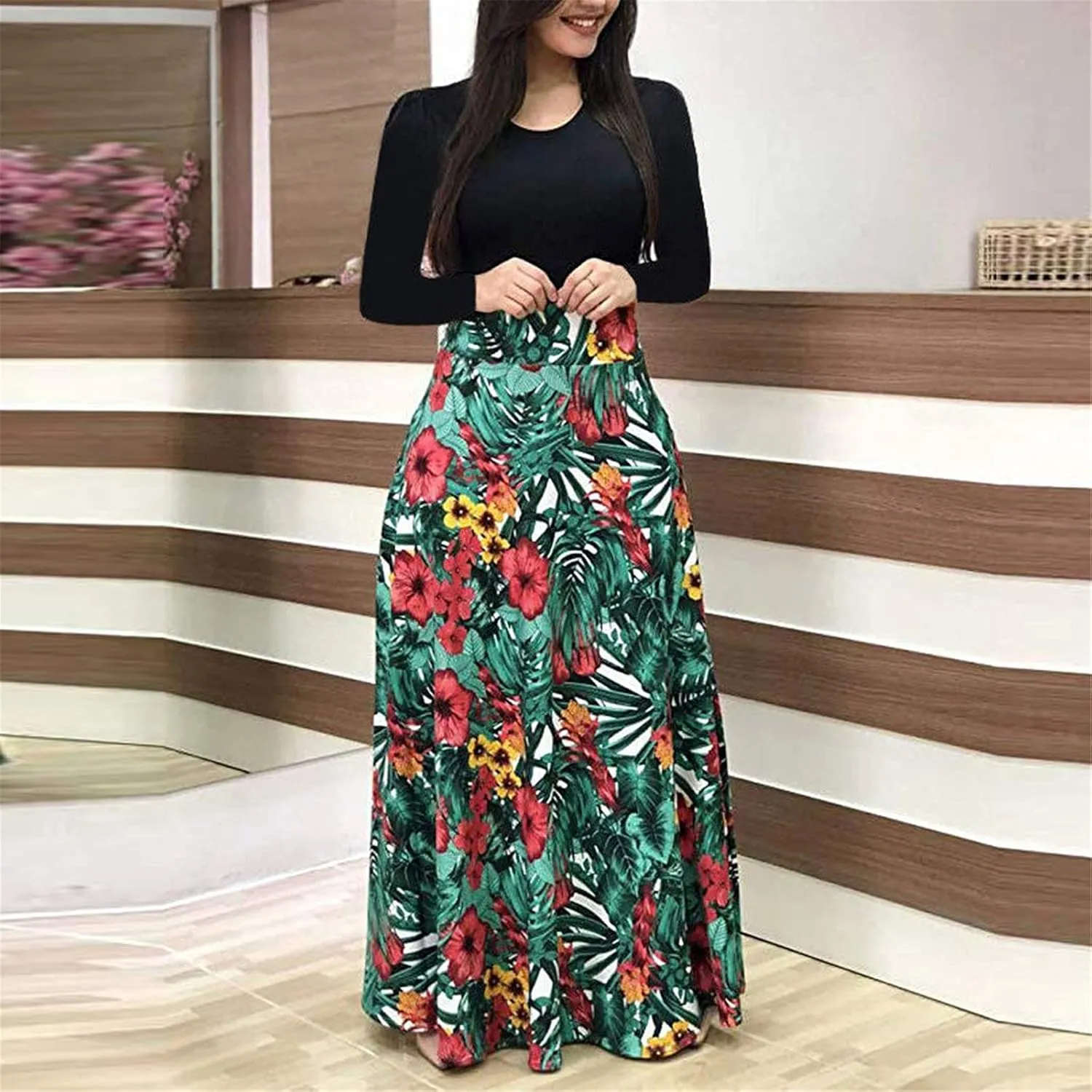 FQZWONG Women's Summer Casual Maxi Dress Blue Size Large High Waisted Flowy Prom Party Dress