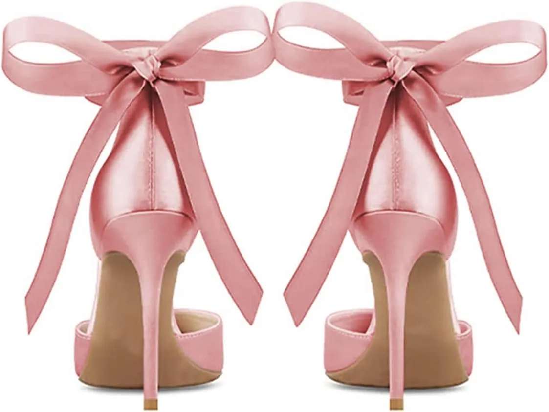 FSJ Women Closed Pointed Toe Heeled Sandals Lace Up Silk Ankle Tie Strap Sexy Strappy Stiletto Evening Party Dress Shoes Size 4-15 US