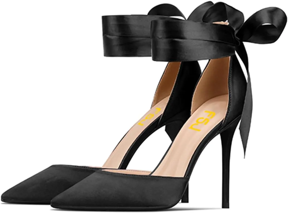 FSJ Women Closed Pointed Toe Heeled Sandals Lace Up Silk Ankle Tie Strap Sexy Strappy Stiletto Evening Party Dress Shoes Size 4-15 US