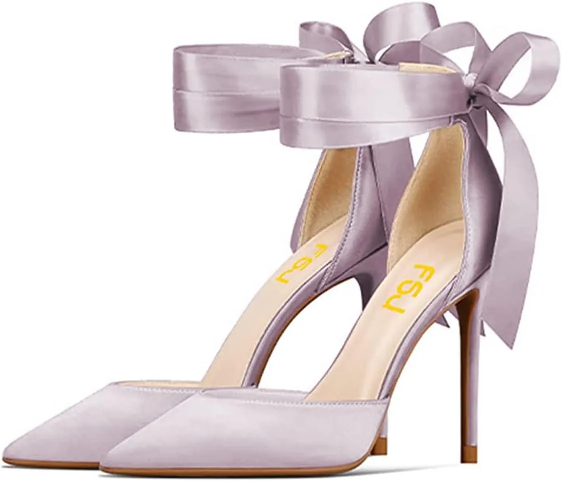 FSJ Women Closed Pointed Toe Heeled Sandals Lace Up Silk Ankle Tie Strap Sexy Strappy Stiletto Evening Party Dress Shoes Size 4-15 US