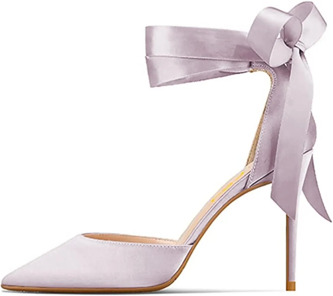 FSJ Women Closed Pointed Toe Heeled Sandals Lace Up Silk Ankle Tie Strap Sexy Strappy Stiletto Evening Party Dress Shoes Size 4-15 US