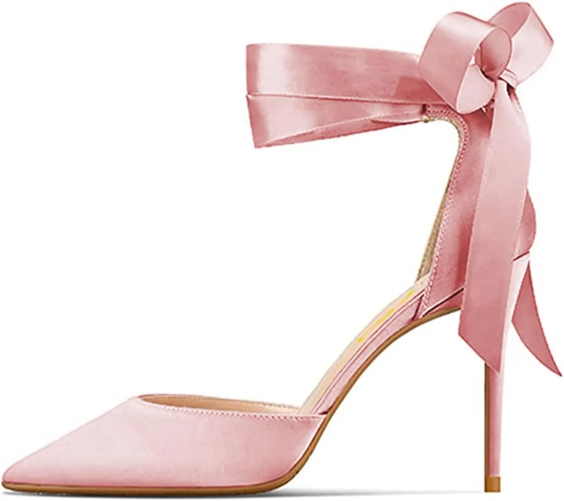 FSJ Women Closed Pointed Toe Heeled Sandals Lace Up Silk Ankle Tie Strap Sexy Strappy Stiletto Evening Party Dress Shoes Size 4-15 US