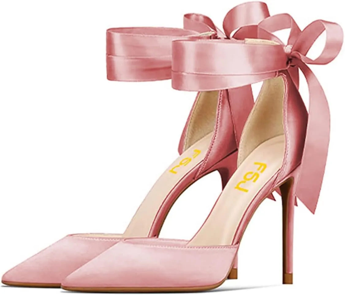 FSJ Women Closed Pointed Toe Heeled Sandals Lace Up Silk Ankle Tie Strap Sexy Strappy Stiletto Evening Party Dress Shoes Size 4-15 US